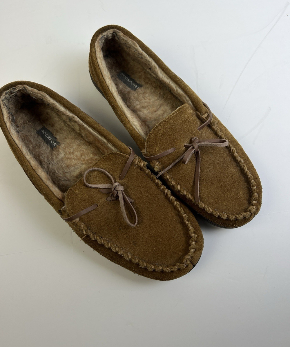 Rockport Suede Leather Slippers Men 12 Moccasin Brown Lounge Comfort Preppy